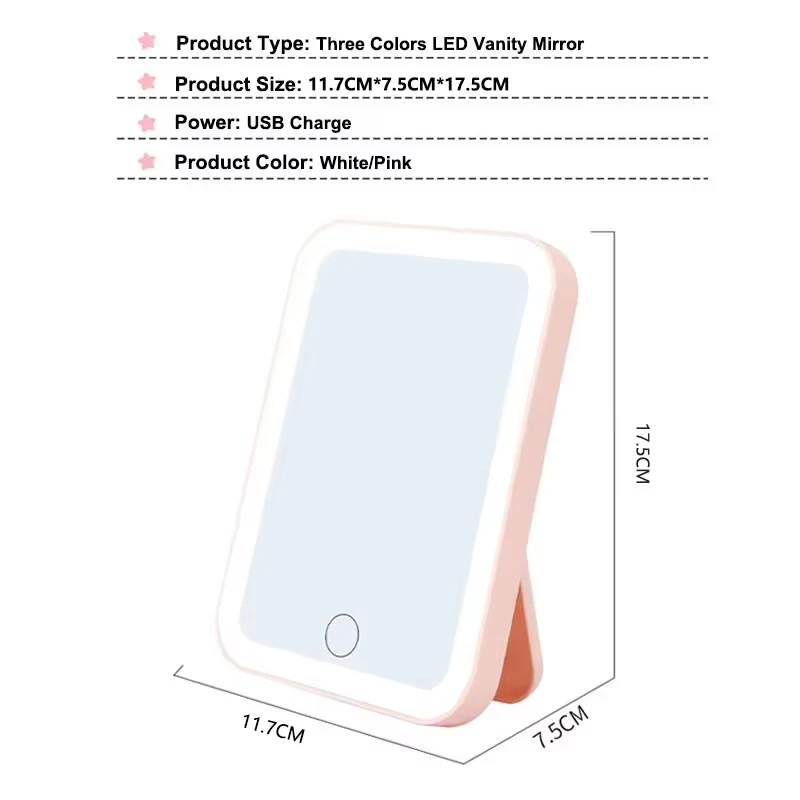 3色ライトモード搭載LEDバニティミラー、タッチスクリーン式、ポータブル、旅行用、充電式、卓上、折りたたみ式化粧鏡