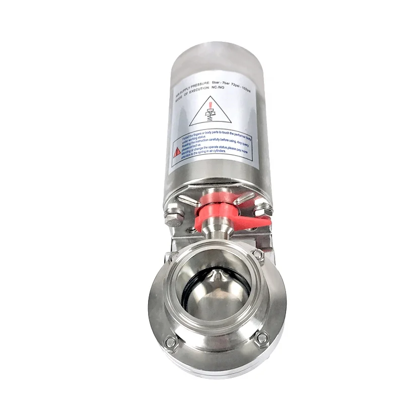 صناعة الأغذية Ss 304 316 صمام فراشة هوائي من الفولاذ المقاوم للصدأ ثلاثي المشبك