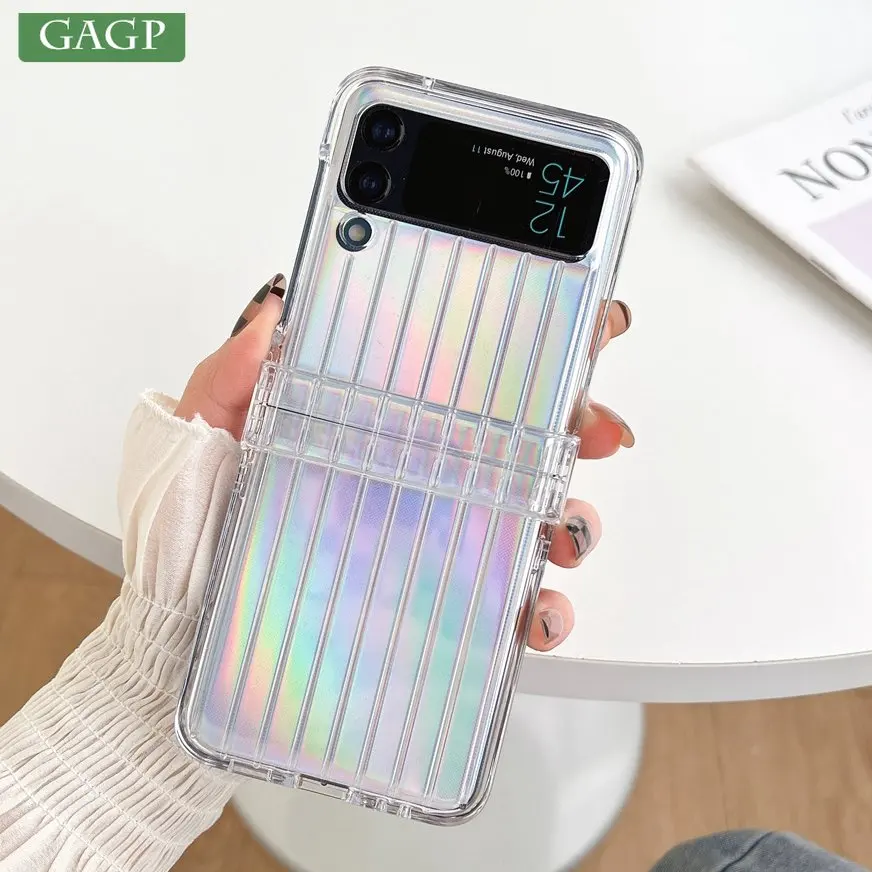 삼성 갤럭시 Z 플립 5 4 3 5G 투명 3 in 1 실리콘 오로라 커버에 대한 고급 레이저 수하물 스트라이프 케이스 삼성 Zflip 5