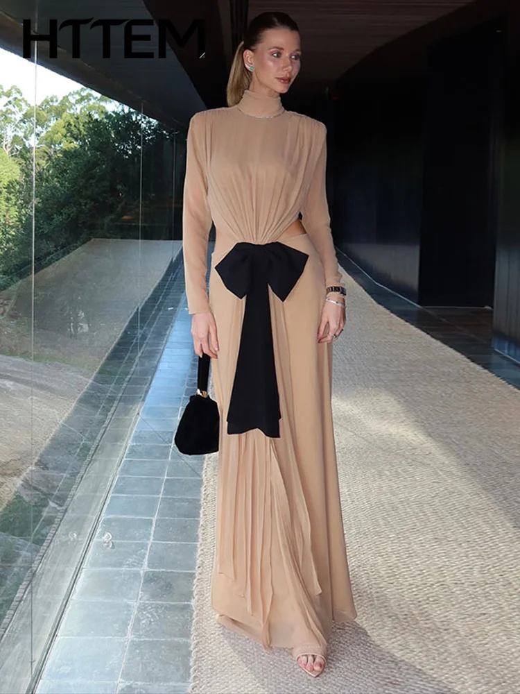 Elegantes Damen-Maxikleid mit Schleife 2026, Langarm, Tailliert, Ausgeschnittenes Design, Sommermode, Damen-Partykleid