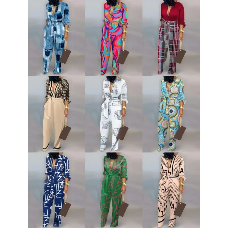

Spring Women's Clothing Loose Plus Size High Waist Casual Jumpsuit For Woman Straight Leg Long Sleeve Thin Polyester Fabric