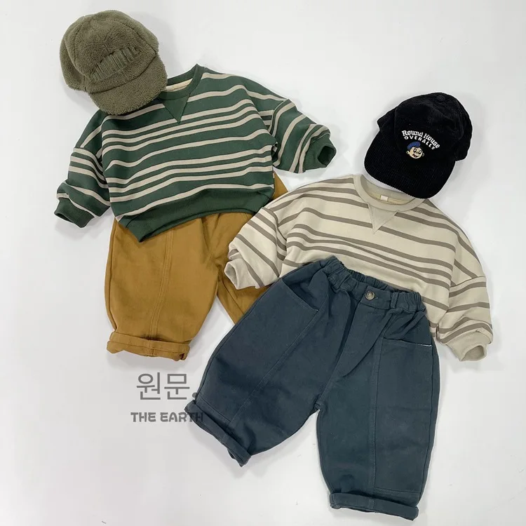 Autumn Ins Children Boys Pullovers Cotton Striped Contrast Long Sleeve Toddler Boys Sweatshirts Versatile Loose Kids Boys Shirts