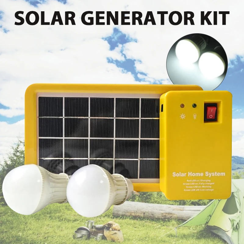 Solar Power Panel Generator Home System Kit 4 Heads USB Charging with 2 LED Bulbs Solar Lamp Emergency Light for Outdoor Camping