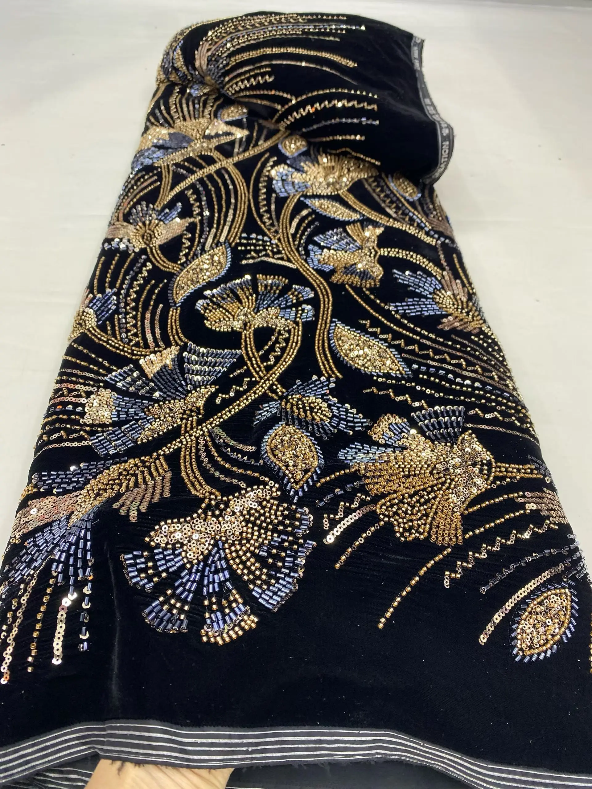 

New Arrival Black Velvet Sequins Beaded African Lace Fabric 2026 High Quality Heavy Beads French Lace Fabric For Women KDP26118