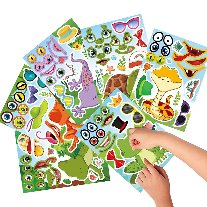 Cartoon DIY Puzzle Stickers for Kids Make Reptile Animal Mix & Match Sticker With Snakes Lizards Frog Party Favor Supplies Craft