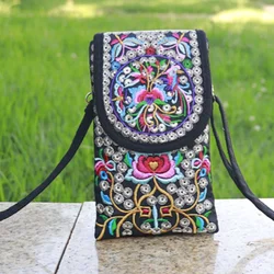 New Ethnic Style Embroidered Bag Women Mobile Phone Bag Flap Canvas Bag Crossbody Bag Popular Double Layer Zero Wallet