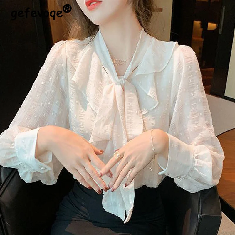 Bow Lace Up Ruffle Elegant Chic Work Wear White Shirt for Women Spring Autumn Trendy Korean Long Sleeve Loose Blouse Ladies Tops