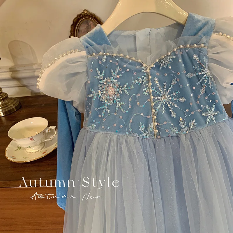 \' Luminous Princess Autumn Children Girls\' Birthday Dress Blue Puffy Tulle Skirt