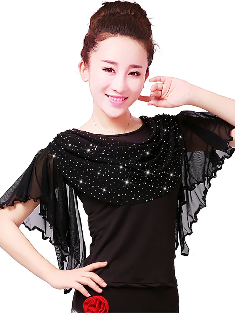 Adult Latin Dance Costume Square Costume Summer Glitter Flare Mesh Top Modern Social Dance Women Ballroom Dancewear