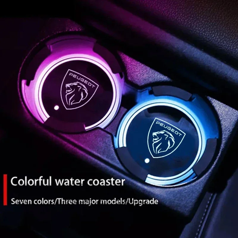 7 Colors LED Car Cup Holder Lights Anti Slip Waterproof Luminous Cup Mat Interior Deco For Peugeot 208 2008 308 3008 5008 408 50