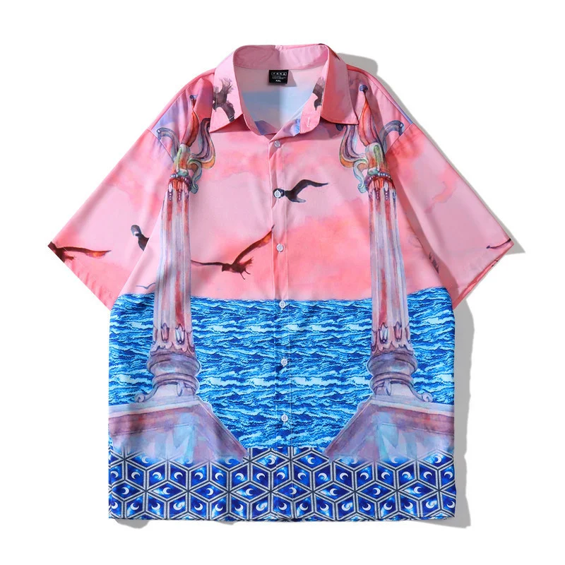 

Streetwear Mens Social Party Blusa Camisa Masculina Pink Sea Mew Print Men Shirt Short Sleeve Summer Hawaii Shirt Chemise Homme