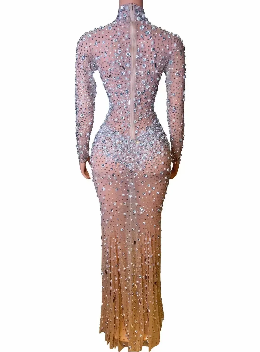 Sexy Brilliant Nightclub Bar Female Singer Full Diamond Mesh Perspective Hollow Long Sleeve Wrapped Hip Model Performance Dress