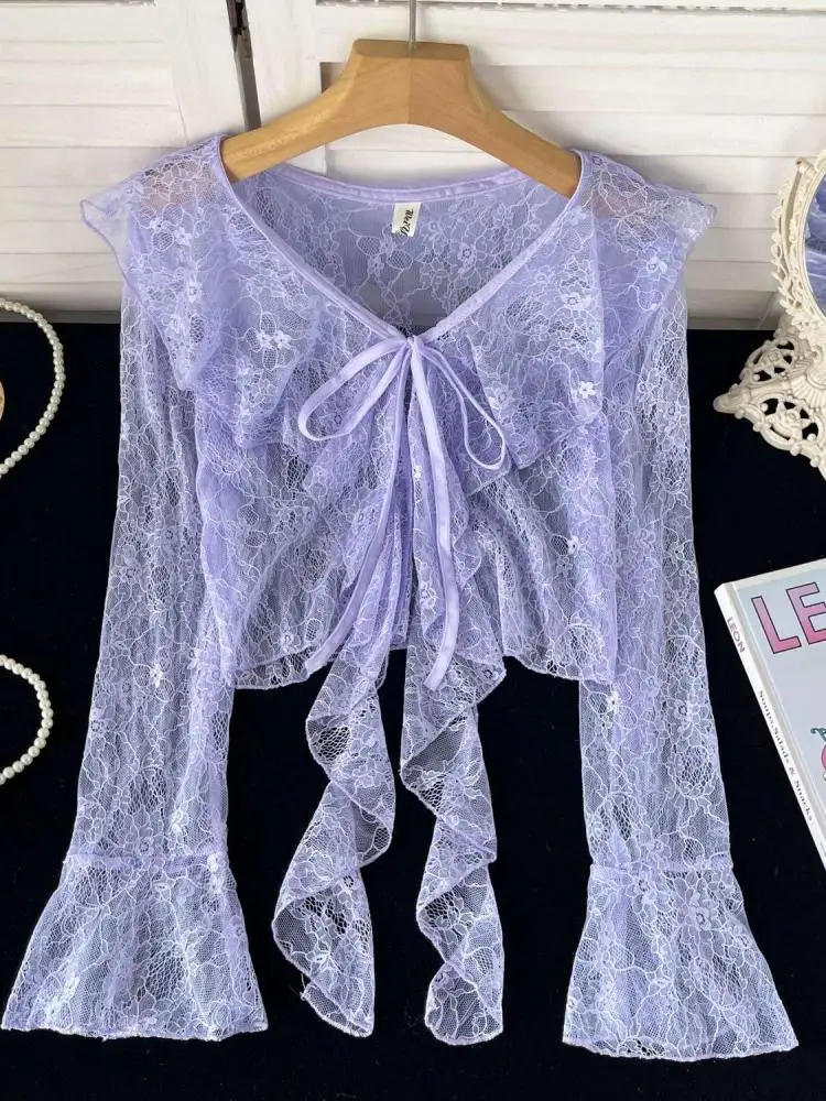 

Винтажные женские однотонные кружевные расклешенные короткие блузки с длинными рукавами и рюшами, топы, весна-лето, кардиган с v-образным вырезом, солнцезащитный топ на шнуровке