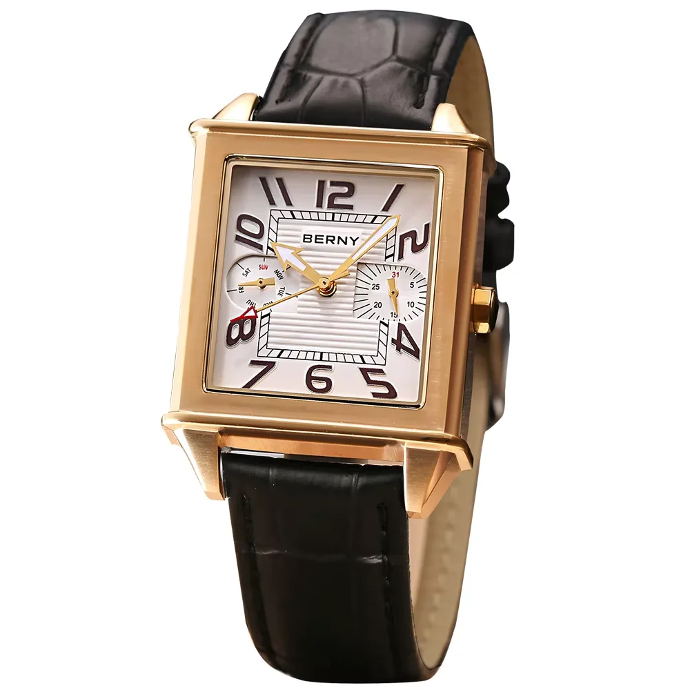 BERNY Quarzuhr für Herren Luxusuhr Vintage Original 6P25 Day Top Leder 3ATM Wasserdicht Golden Neue Quadratische Armbanduhr