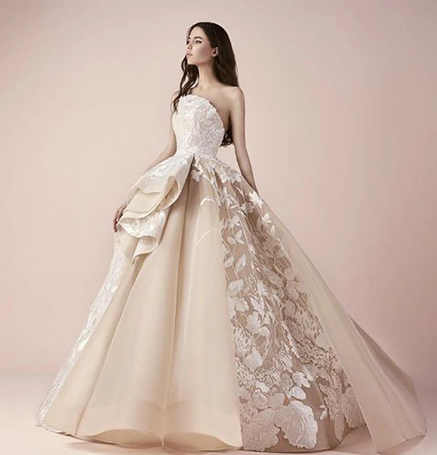 Vestido De novia De encaje Floral sin tirantes, plisado, Espalda descubierta, hecho a medida