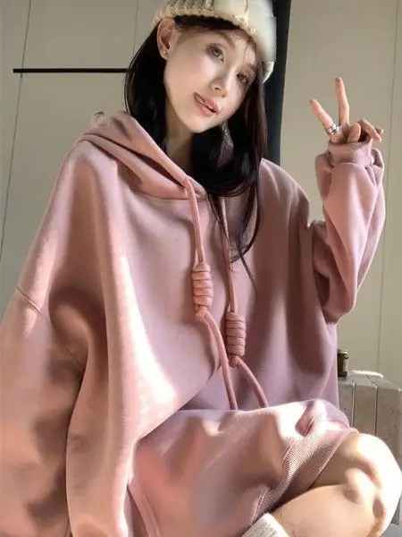 Sudadera con capucha holgada de talla grande para mujer, suéter informal largo con cobertura de carne para invierno, sudadera cómoda y transpirable para calle