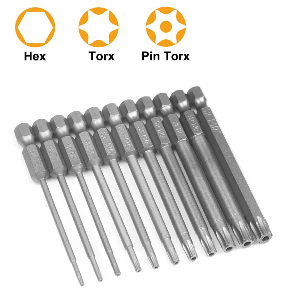 11pcs Torx Bit Set Extra Long Bit Socket S2 Alloy Steel Bit Screwdriver Wrench Drill Bit Set 1/4