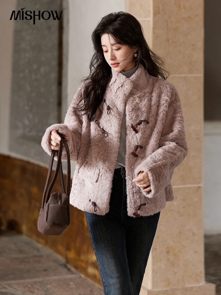 MISHOW Leather Fur Lamb Wool Jacket Stand Collar Bull Horn Buckle Pink Purple 2024 Winter Senior Soft Warm Thick Coat MXD58W0594