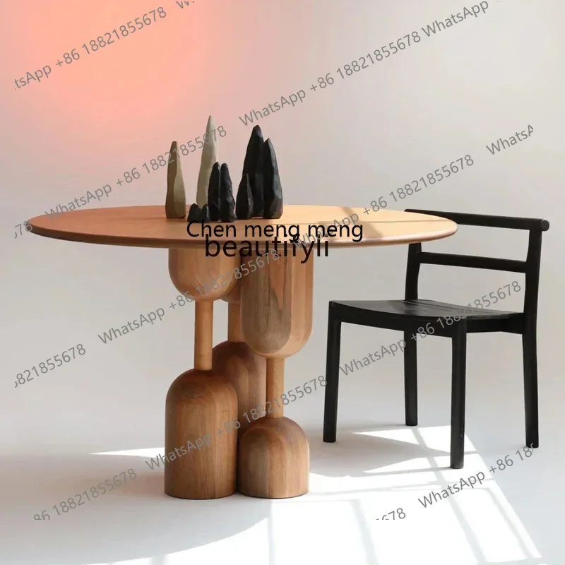 CC Medieval retro designer creative log round dining table household wabi-sabi wind solid wood round table