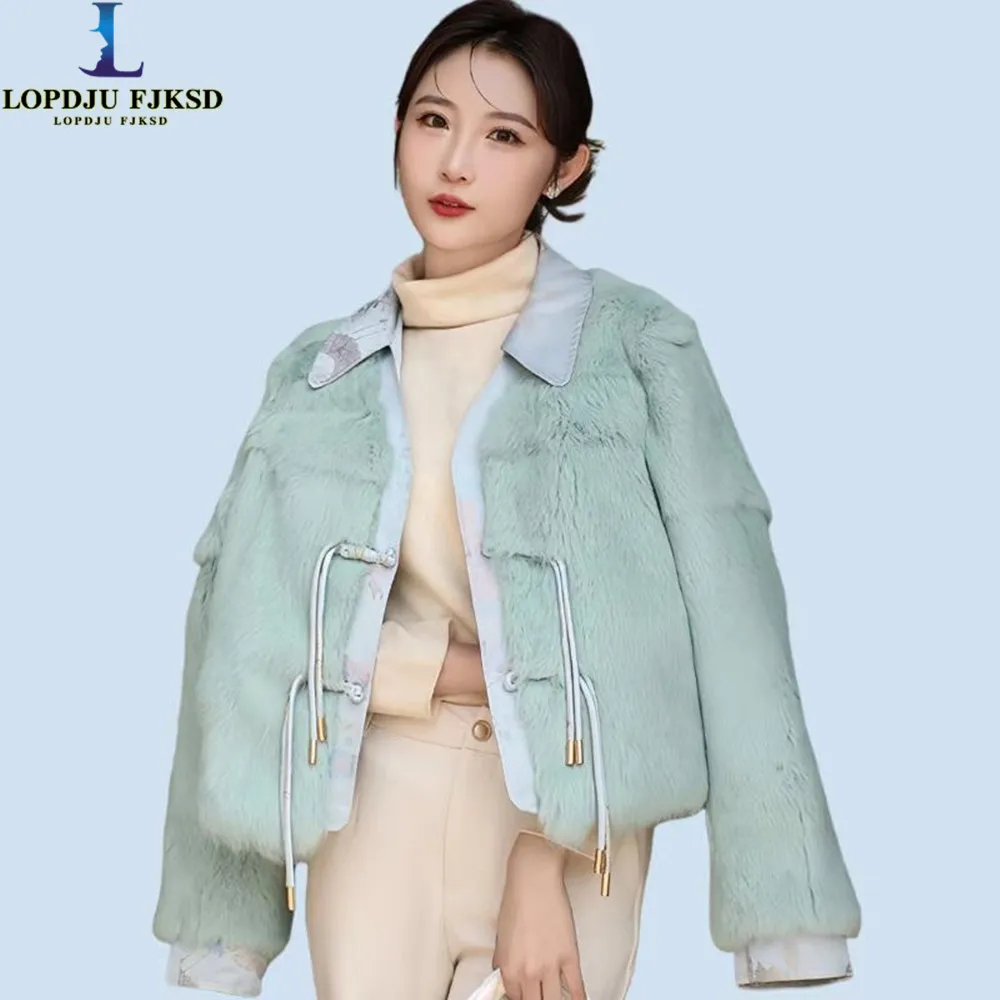 Real Rabbit Fur Coat for Women's,Single Breasted Jacket,Chinese Style Overcoat,Thicken Warm Clothes, High Quality, Winter,2024