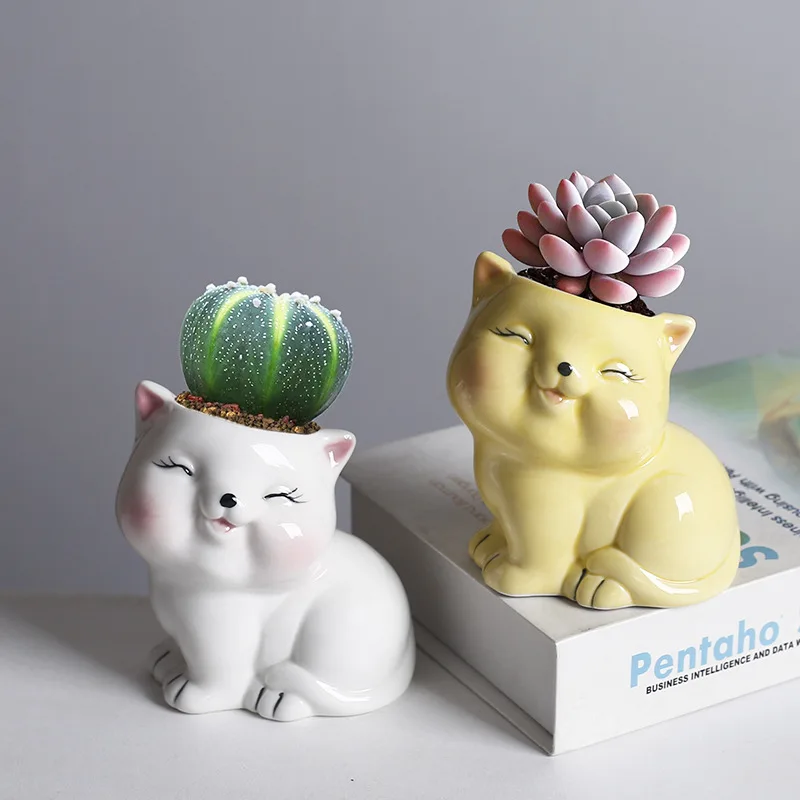 Handmade Cartoon Creative Smiling Cat Kitten Ceramic Flower Pot Succulent Planter Mini Cactus Bonsai Desktop Home Office Decor