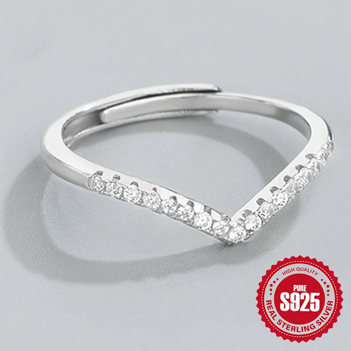 

Korean simple V-shaped wave ring, 925 sterling silver small diamond exquisite women's ring, open adjustable simple ring gift