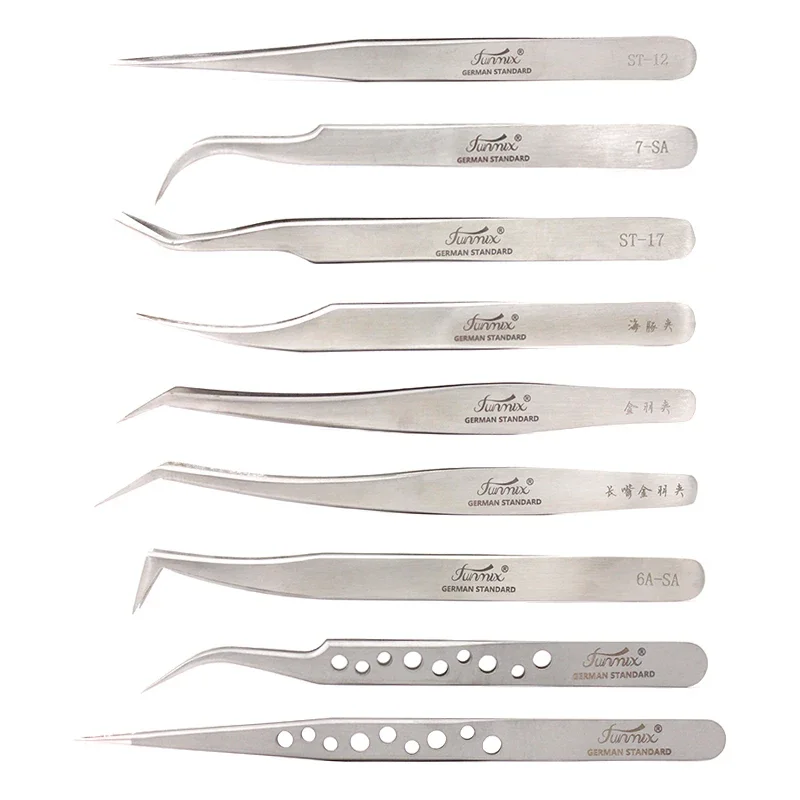 FUNMIX  Stainless Steel Tweezers  False Eyelash Extension Tweezers Anti-static Eyebrow Lash Tweezers Watchmaker Tools