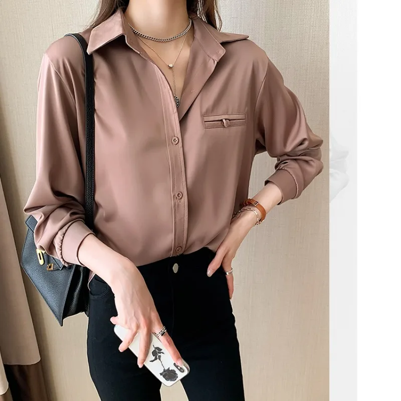 

Women's Spring Summer Solid Color POLO Neck Pocket Fashion Versatile Satin Long Sleeved Loose Single Row Multi Button Shirt Tops