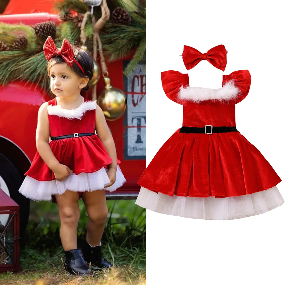 1-7Y Toddler Baby Girl Christmas Dress Santa Claus Dress Red Velvet Long Sleeve Tulle Princess Dress with Headband Outfit