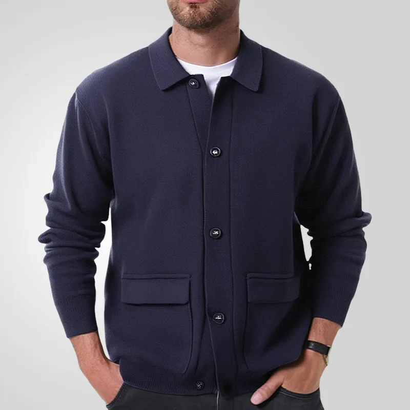 

Knitted Sweater Men Turn Down Collar Cardigan Single Breasted Solid Loose Casual Pockets Long Sleeve Slight Strech Autumn
