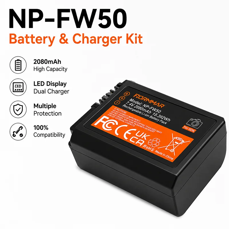NP-FW50 Battery 2080mAh for Sony A6000 A6100 A6300 A6400 A6500 A6600 A7 A7II A7R A7RII A7S with Dual LCD Charger