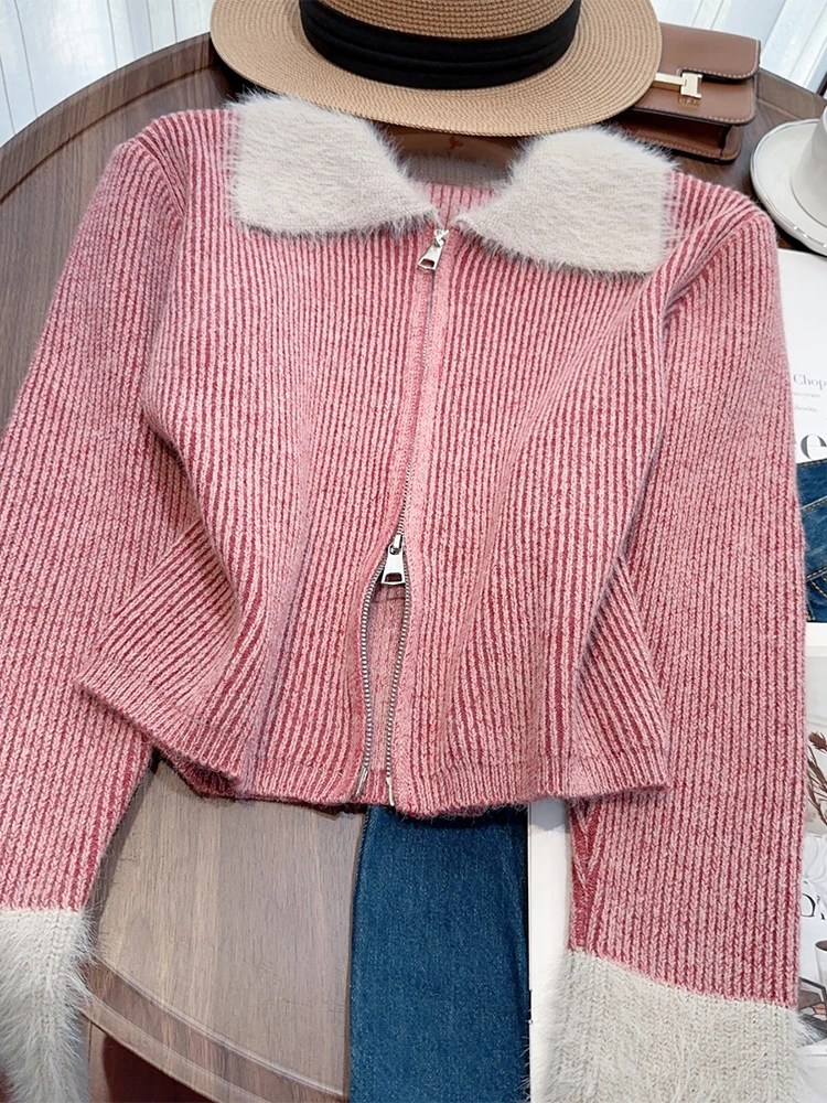 Women Pink Striped Cardigan Cashmere Sweater Harajuku Korean Y2k Long Sleeves Sweaters Jumper Vintage 2000s Clothes Autumn 2024