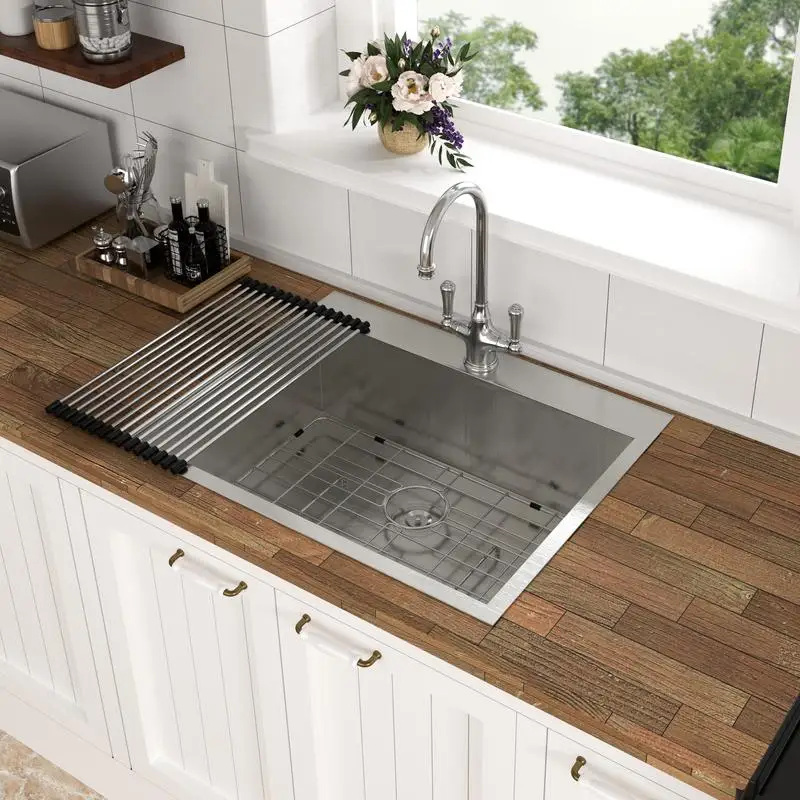 

33 Inch Drop-In Kitchen Sink - 33 x 19 x 9 Single Bowl Topmount Basin 16 Gauge Stainless Steel Sink