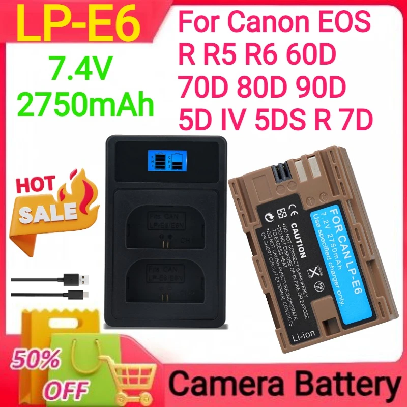 NEW 7.4V 2750mAh LP-E6 LP-E6N Camera Battery Type-C Input for Canon EOS R R5 R6 60D 70D 80D 90D 5D IV 5DS R 7D Mark