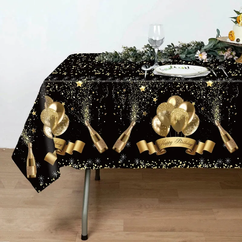 VIKAMA Black Gold Champagne Party Tablecloth, Birthday Party Atmosphere Decoration Tablecloth, Dining Table Decor Tablecloth