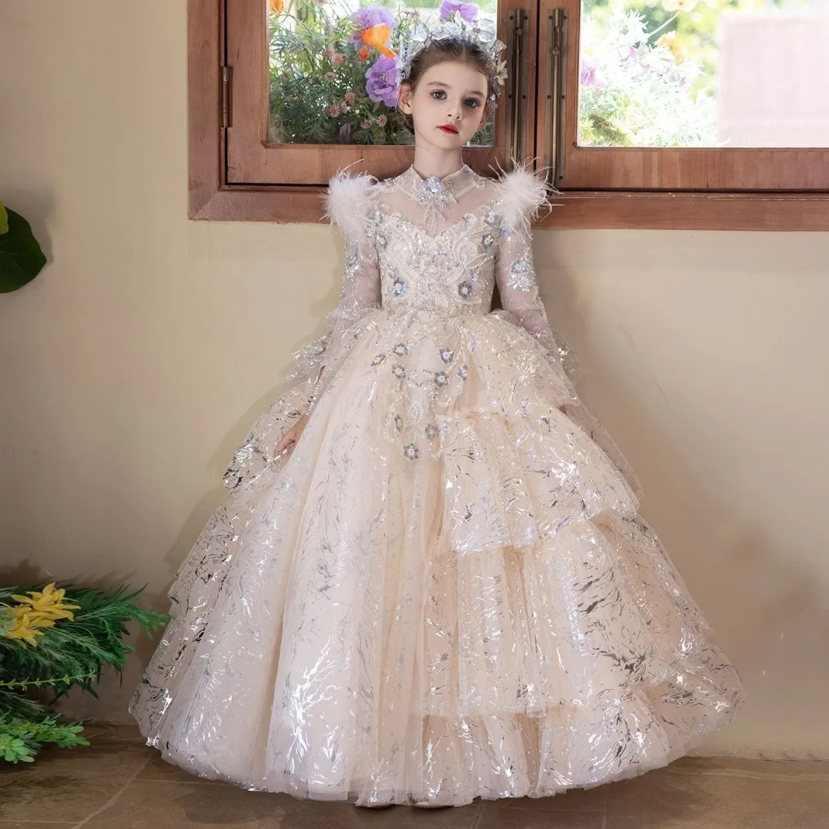 

Girls Long Sleeve Evening Gown Luxury Princess Dress High-End Children's Piano Performance Costume Light Weight Elegant