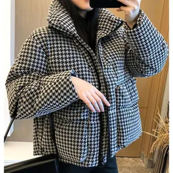 Houndstooth Short Down Jacket Women Vintage Elegant Padded Thick Warm Coat Long Sleeve Fashion Zipper Big Pockets Female Outwear