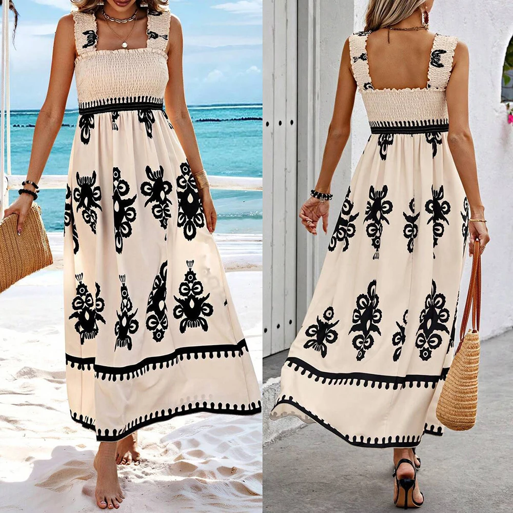 Women's Sexy Strap Beach Holiday Sundress Summer Fashion Print Sleeveless Elasticated Chest Simple Boho Casual Midi Dresses