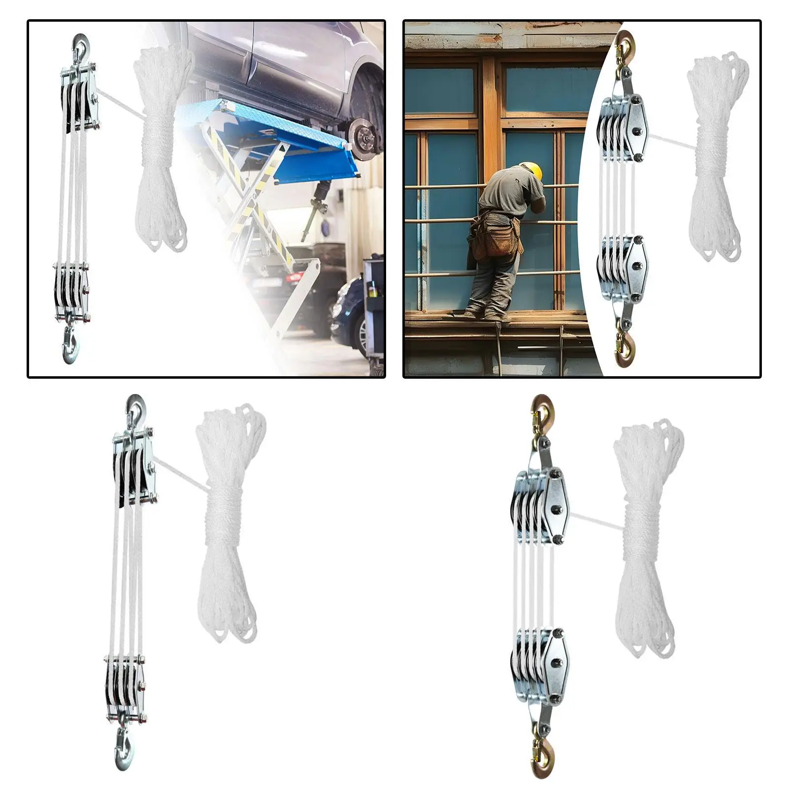 Portable Block and Tackle Pulley Hoist System Manual Rope Pulley Labor Saving for Garage Warehouse Lifting