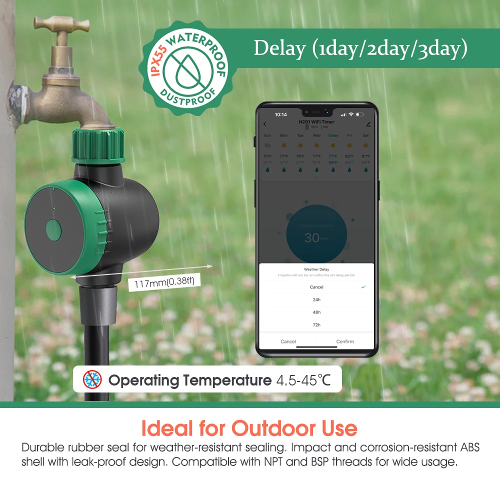 N201 WiFi Smart Water Timer with Gateway Rain Delay Voice Control for Garden Lawn Irrigation System Multi-User Collaboration