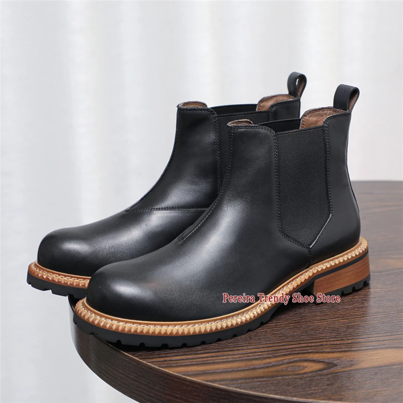Men's Handmade Cowhide Short Boots British Style Thick Soled Genuine Leather Chelsea Boots Spring Autumn Trendy High Top Shoes