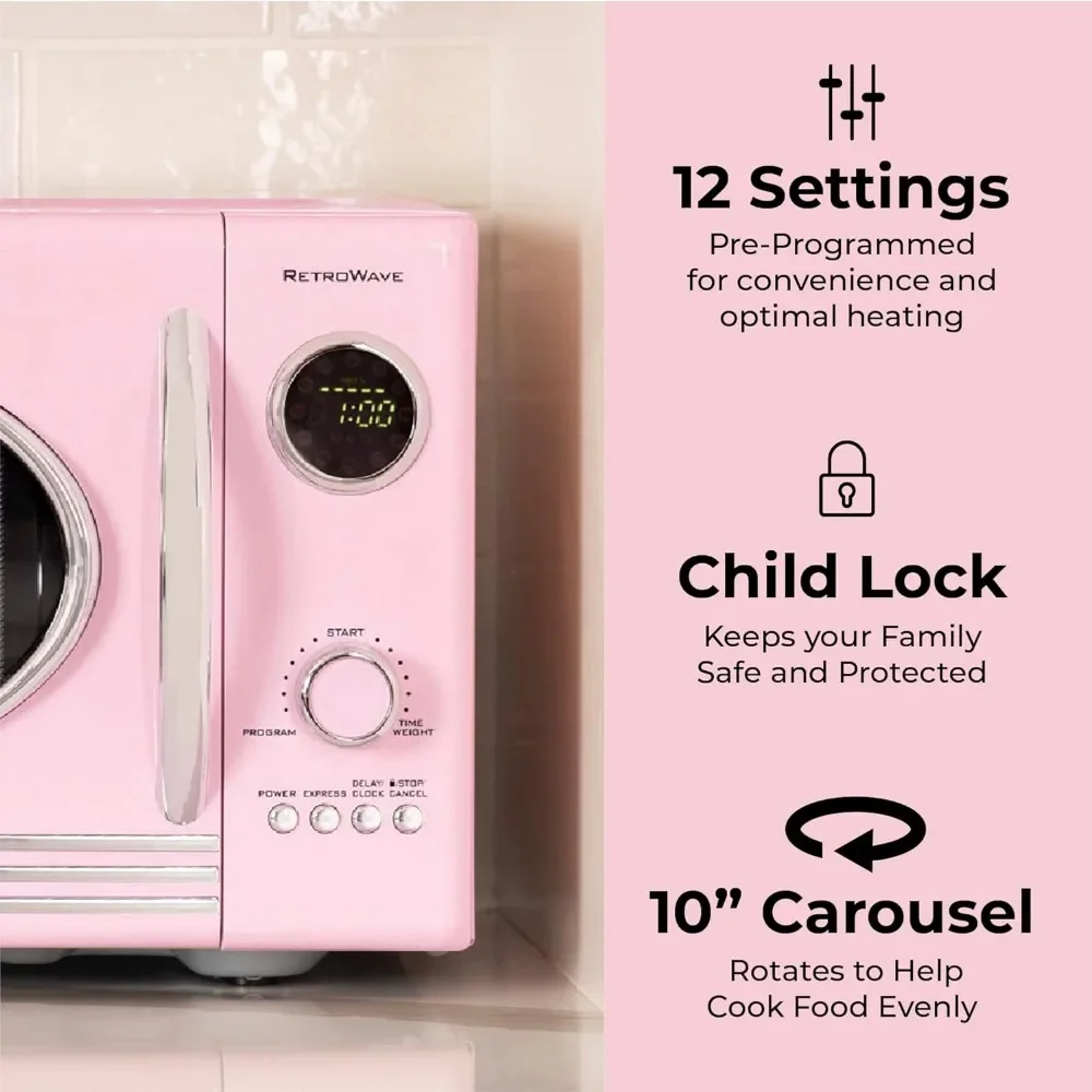 Microwave Oven,  800 Watt 0.9 Cu Ft 12 Pre-Programmed Cooking Settings Digital Clock  Pink & Retro Wide 2-Slice Toaster, Vintage