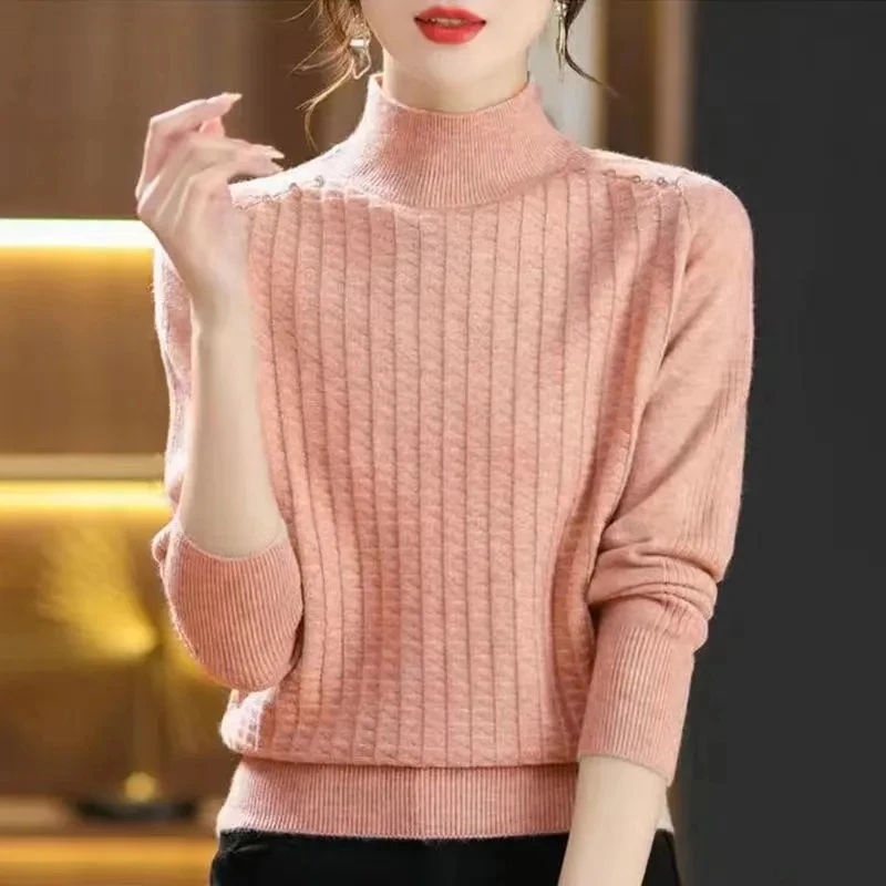 Women Solid Mock Neck Loose Pullover Sweaters Knit Split Stripe Jumpers Casual Office Sweater For Women 2024 Fall Winter