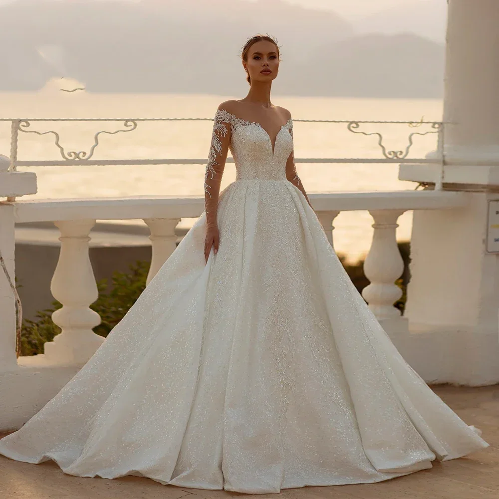 

Великолепное бальное платье по индивидуальному заказу, королевские свадебные платья, милое блестящее свадебное платье с длинными рукавами и блестками, Vestido De Novia