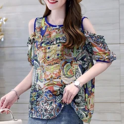 Fashion Commute Summer New Thin Shirts Women's Round Neck Printed Spliced Ruffles Off Shoulder Short Sleeve Loose Casual Blouses