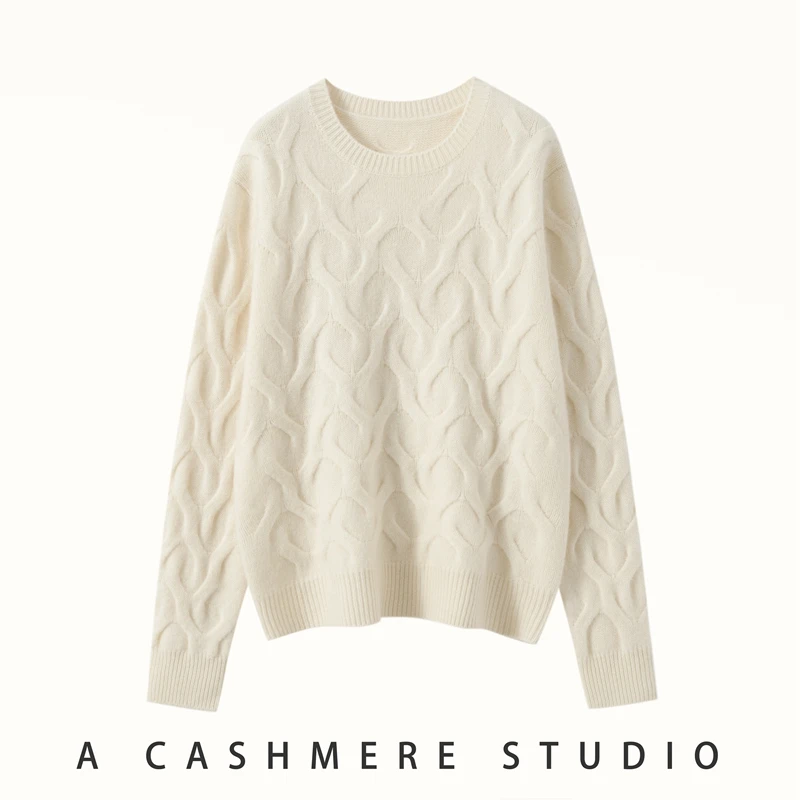 

Women 100% Cashmere Sweater Round Neck Pullover Cable Knitting Loose Thickened Cashmere Knitwear Autumn Winter New Jumper Tops