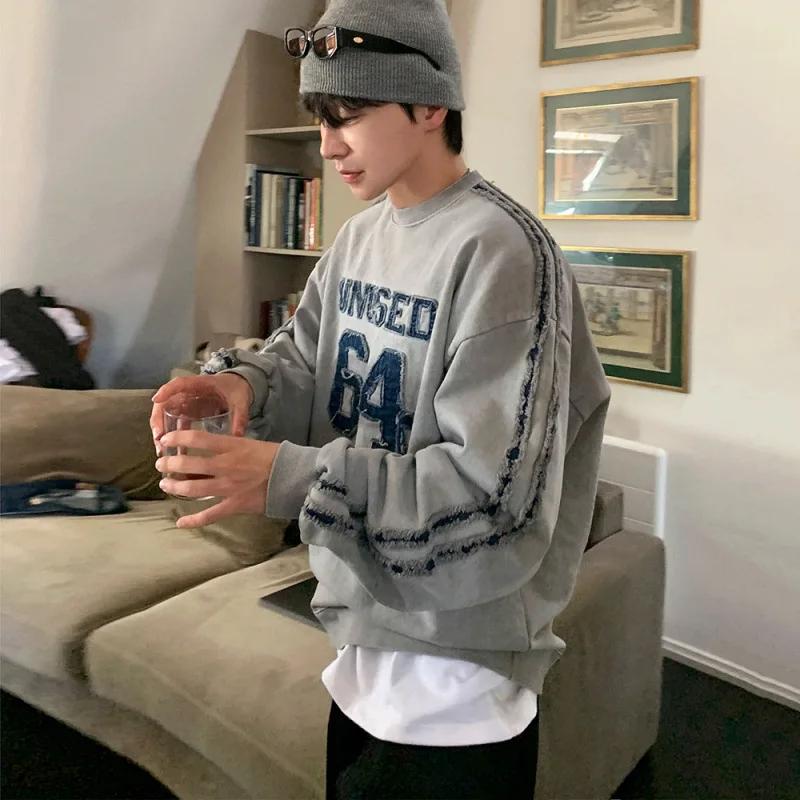 سويت شيرت رجالي مطرز بأحرف من القطن 100%، بلوزات رجالية مغسولة على الطراز الكوري، بلوفرات كاجوال كبيرة الحجم للرجال #2