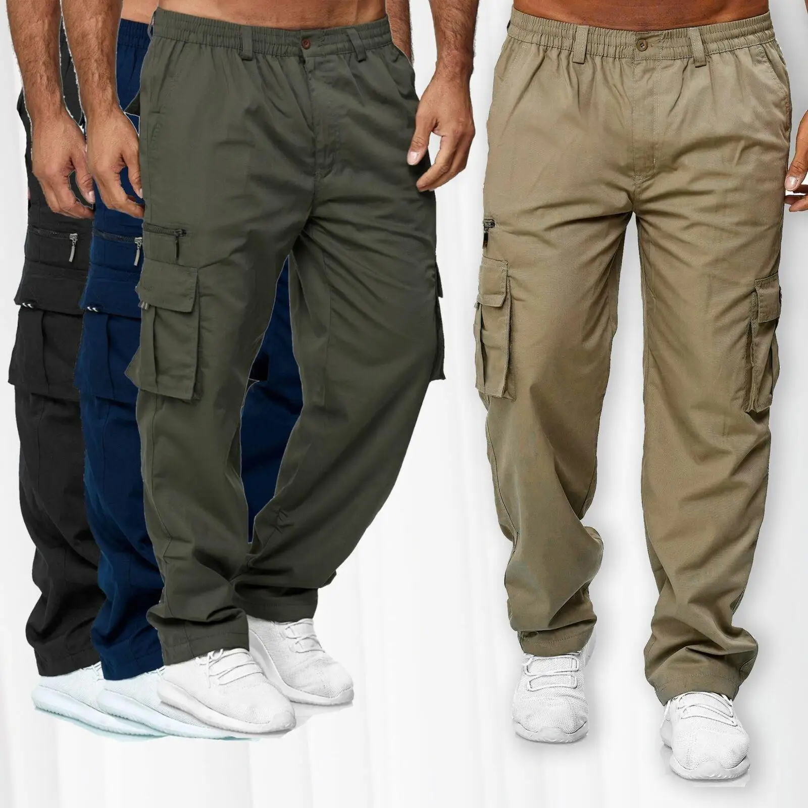 

Men's Outdoor Fitn Straight Leg Pants Multi-ket Casual Sports Sle Polyester Fiber Youth Autumn Khaki Color