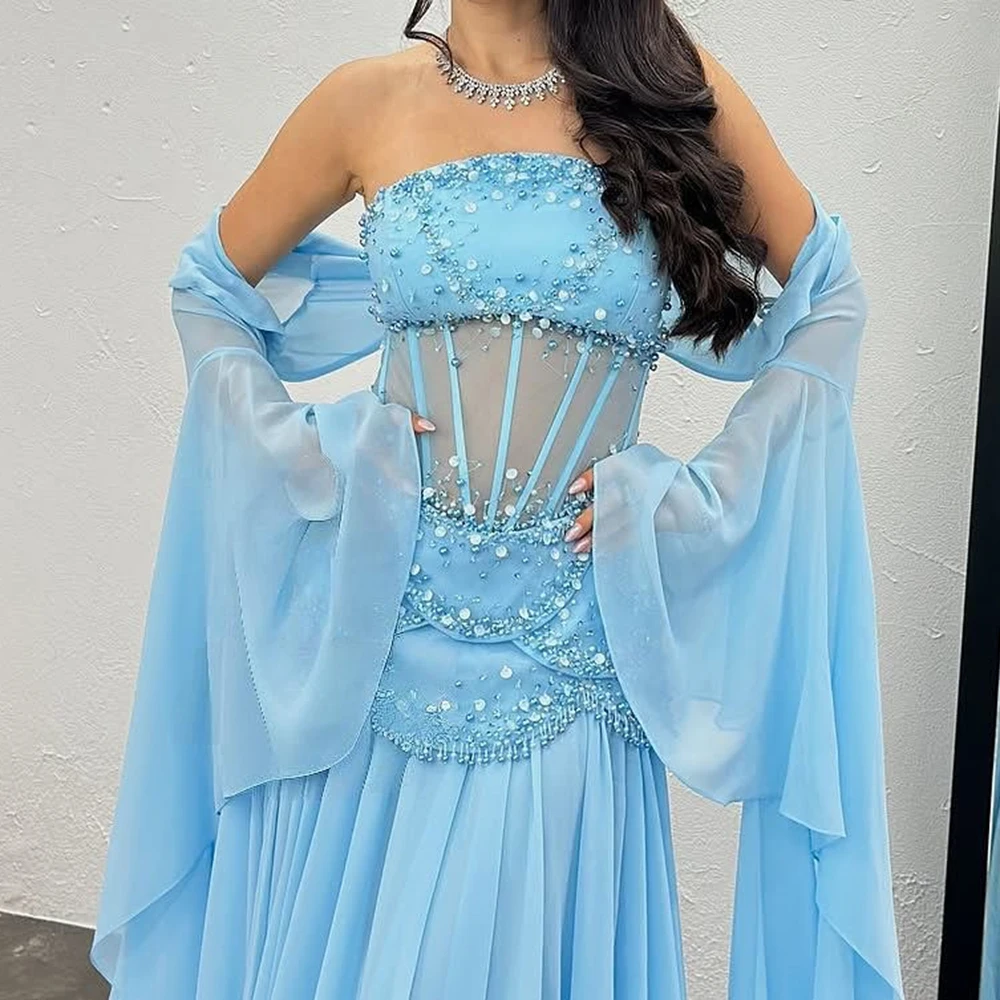 

Customized A-line Evening Dresses Floor-length Strapless Sleeveless Prom Gown Fashion Sequined Beading Stole Draped Party Gown