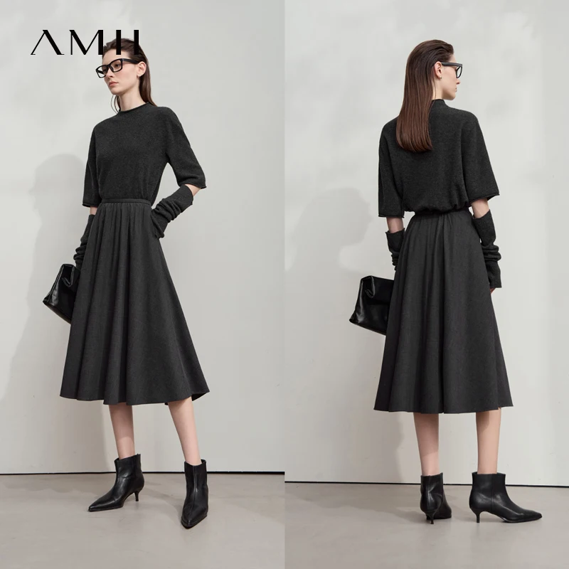 AMII 2025 New Office Lady A-line Skirt Loose Solid Casual Elastic Waist Simple Midi Gray Skirts Women's Bottoms Clothes 12543108